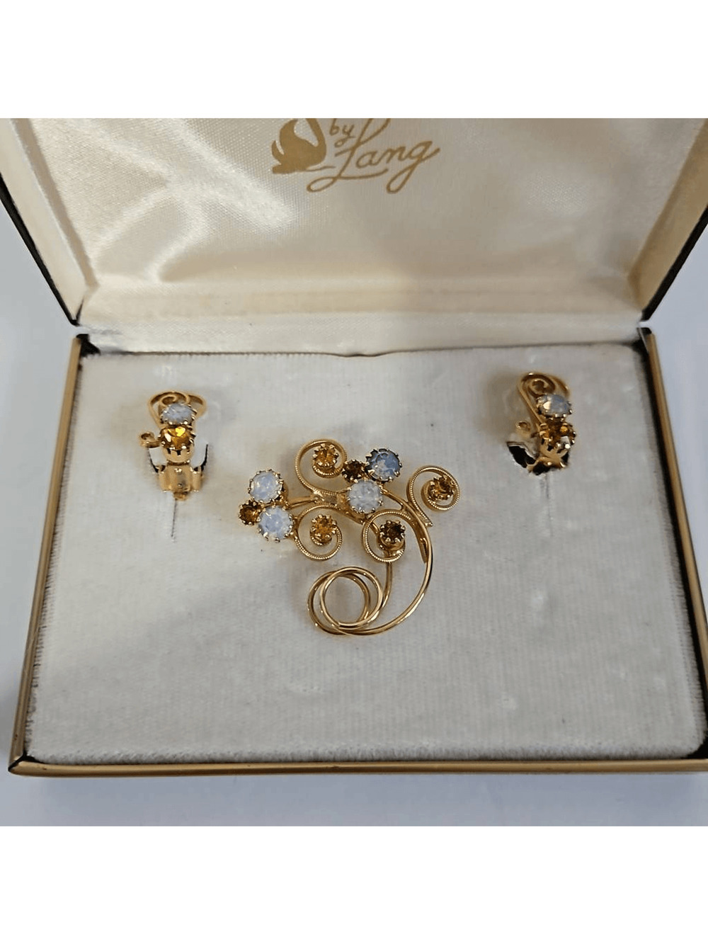 Lang Gold Tone Clip On Earrings Brooch Set in Lang Gift Box